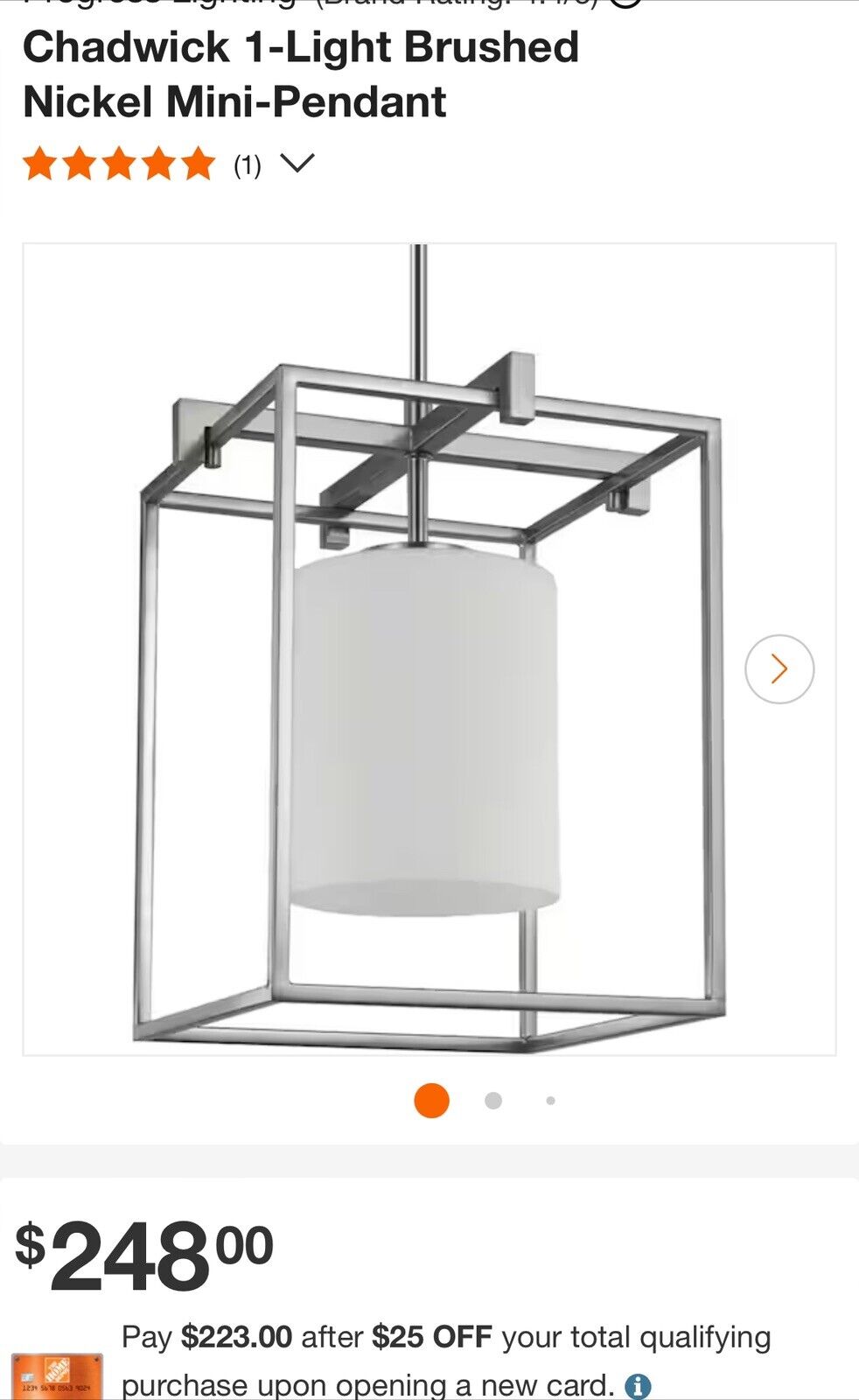 Progress Lighting P500274-009 Chadwick 1-Light Brushed Nickel Mini-Pendant
