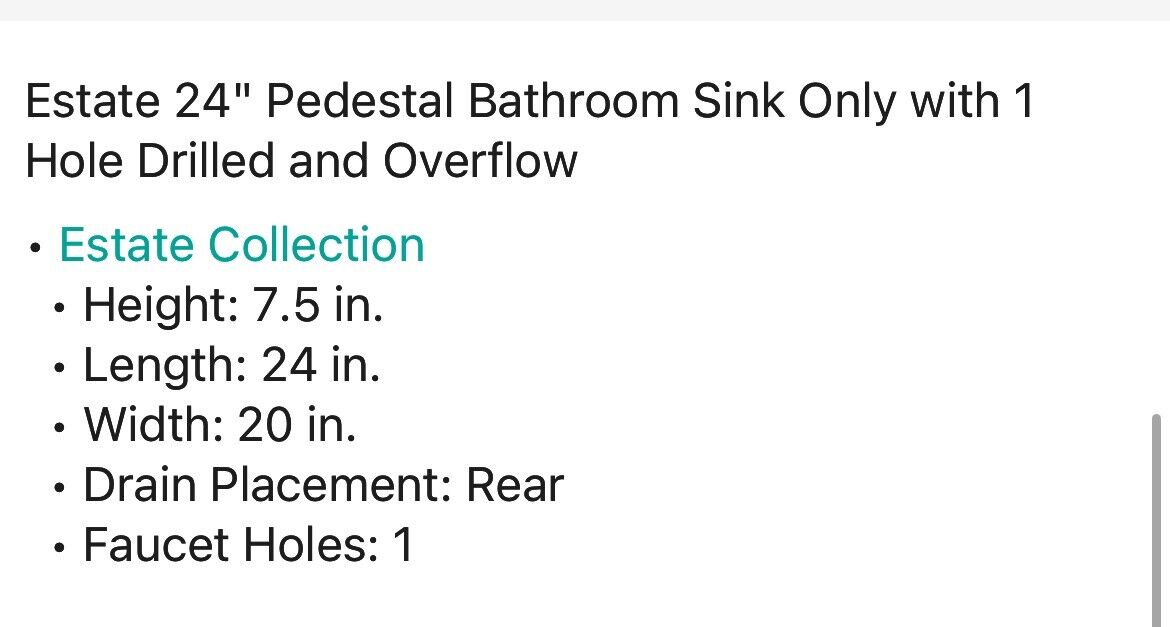 Estate 24" Pedestal Bathroom Sink Only with 1 Hole Drilled and Overflow
