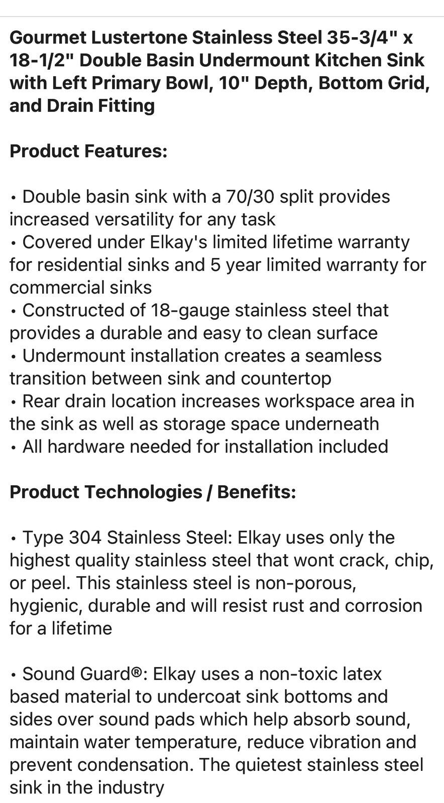 Elkay ELUH362110RDBG Gourmet Lustertone 35.75"x18.5" Double Basin Kitchen Sink