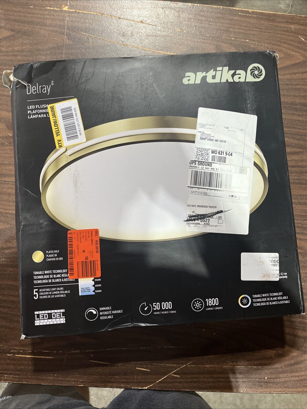 Artika Delray 15 in. 1-Light Gold LED 5 CCT Flush Mount Light Fixture New