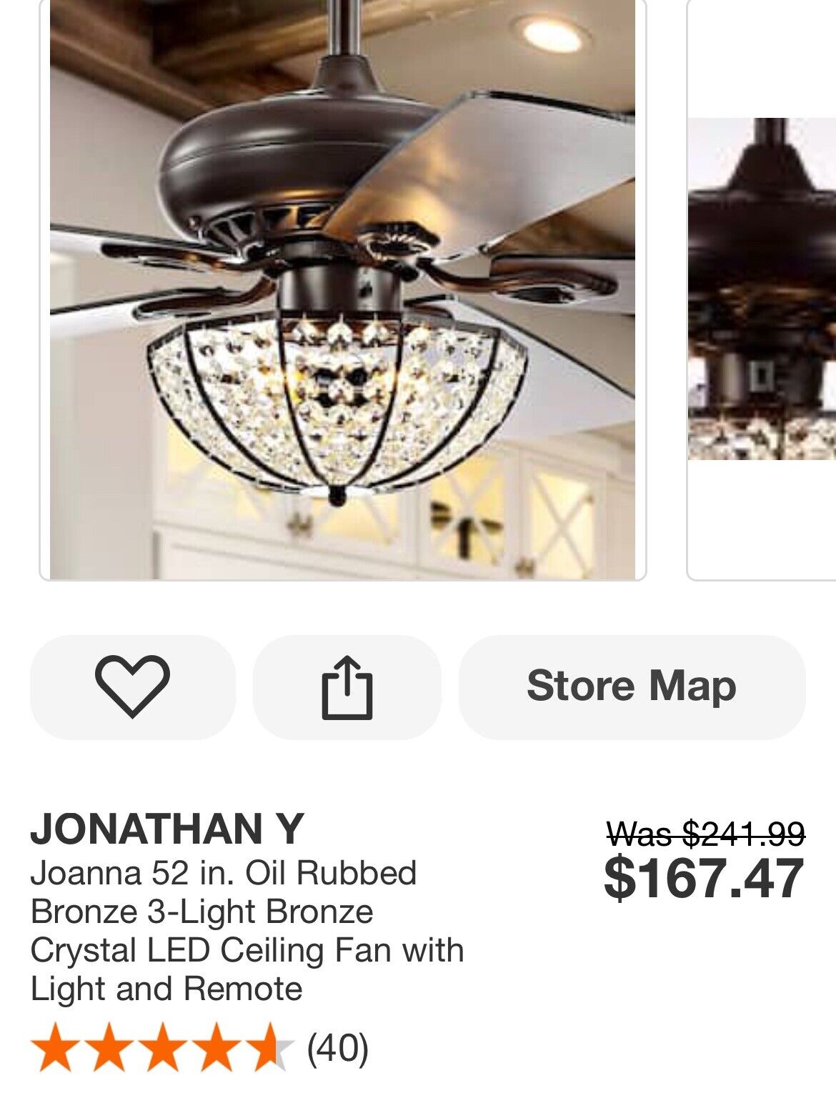 JONATHAN Y Joanna 52” Oil Rubbed Bronze 3-Light Crystal LED Ceiling Fan