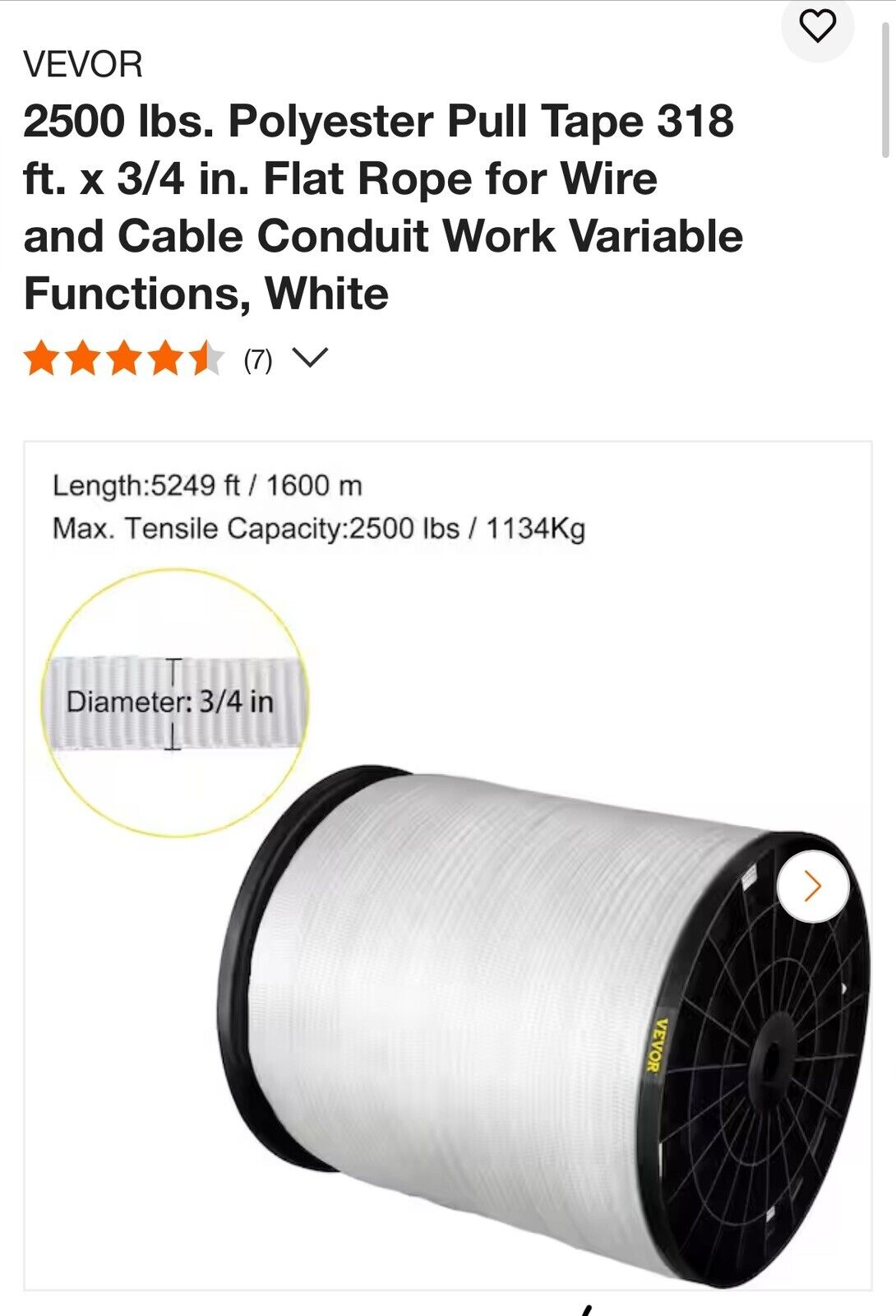 VEVOR 2500Lbs Polyester Pull Tape | 318' x 3/4" Flat Tape for Wire & Cable Condu