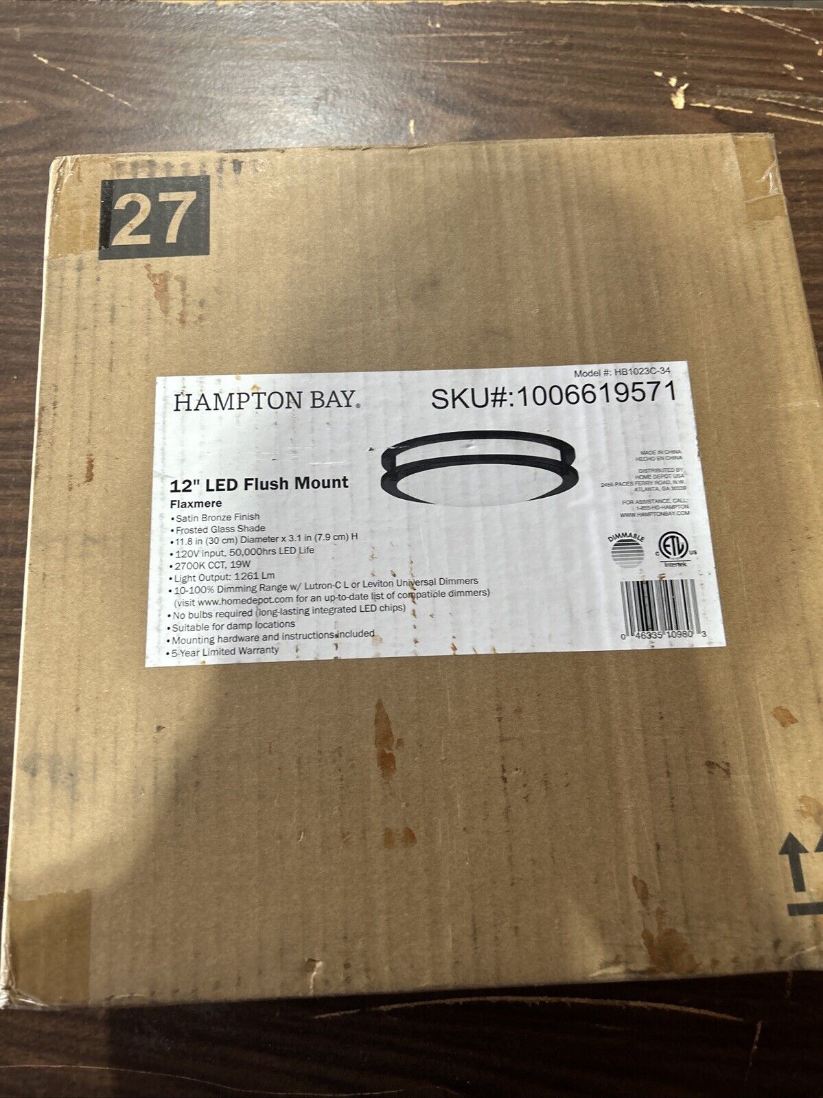 HAMPTON BAY Flaxmere 12 in Bronze Dimmable LED Frosted Flush Mount Ceiling Light