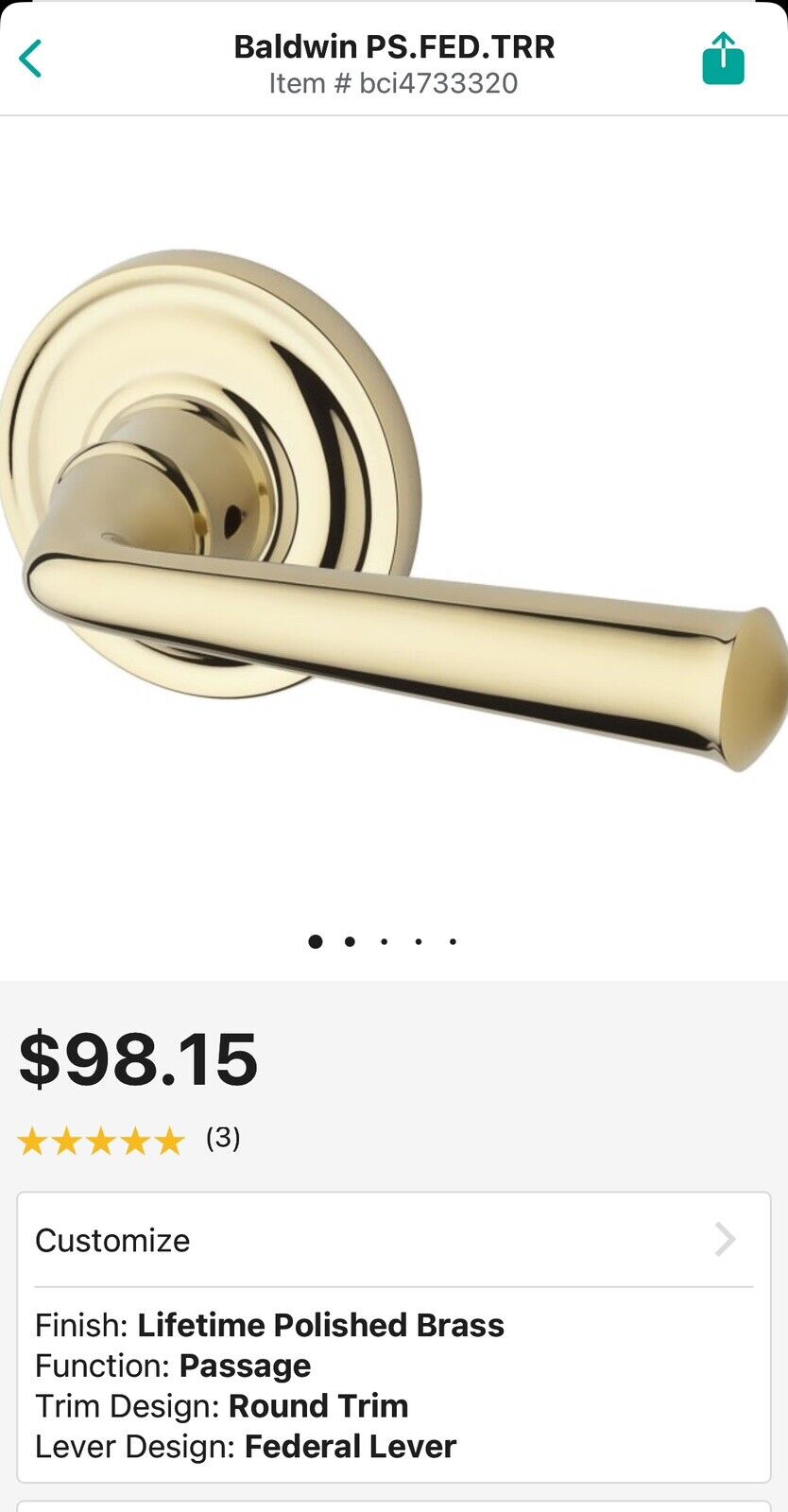 Baldwin PS.FED.TRR Federal Passage Leverset - Brass