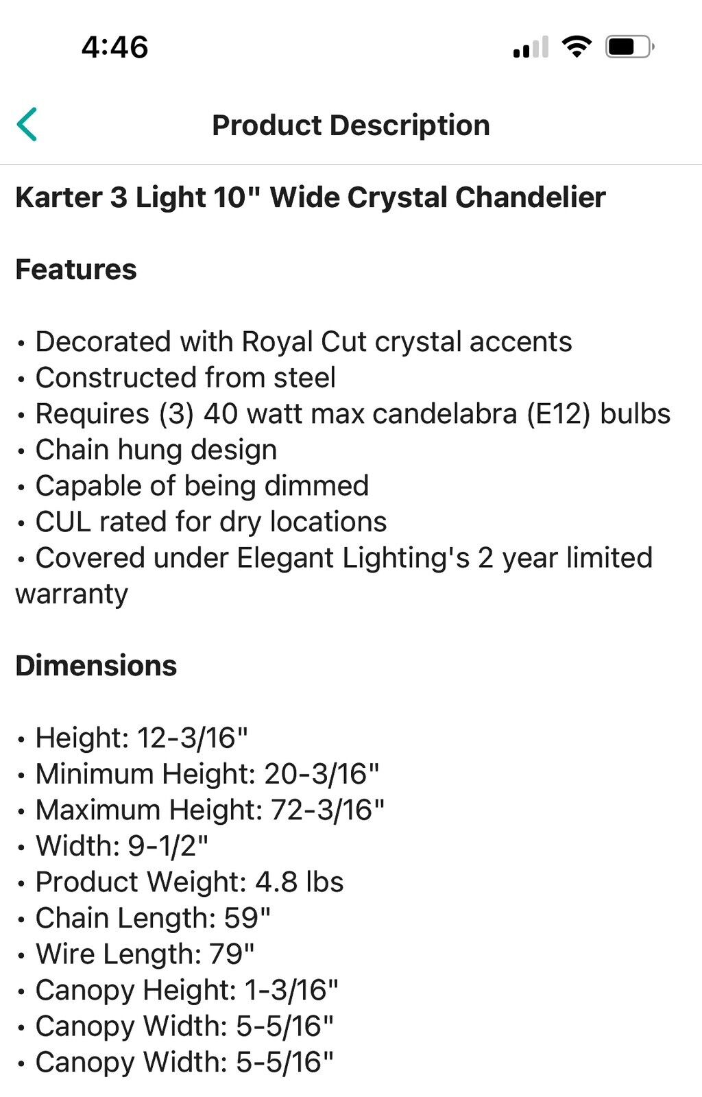 Elegant Lighting LD5019D9 Chrome Karter 3-Light 10"W Crystal Chandelier*No Bulb*